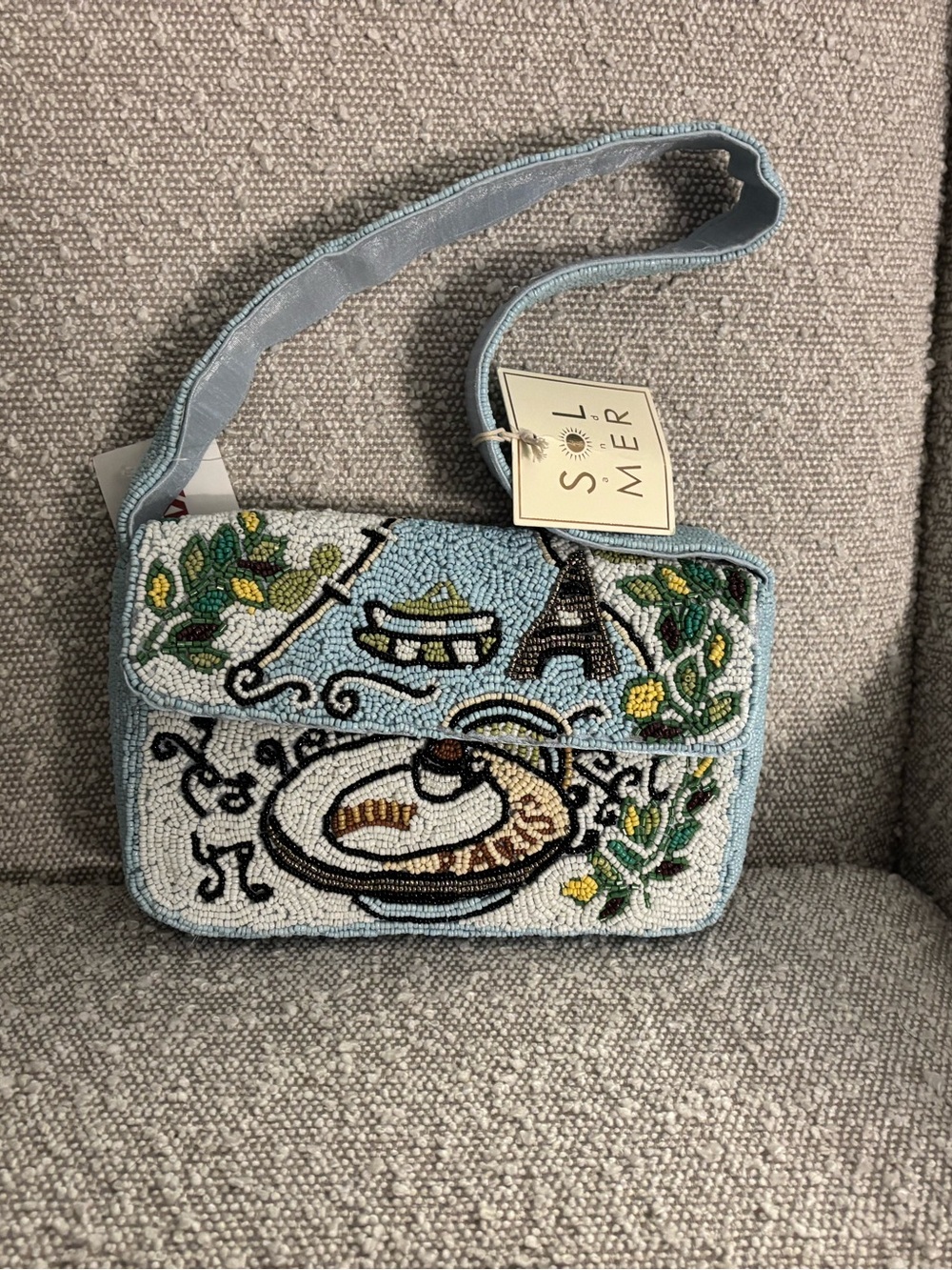 Beaded Blue Paris Embroidered Shoulder Bag